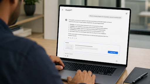 A person using ChatGPT on a laptop, representing the new paid and organic AI discovery surface.