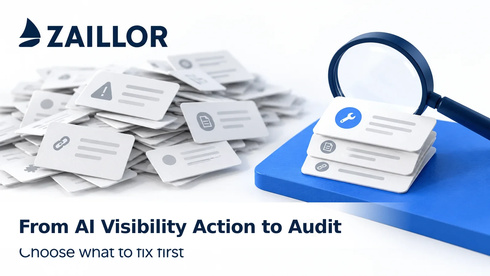 Zaillor illustration of an AI visibility audit, with prioritized findings under a magnifying glass.