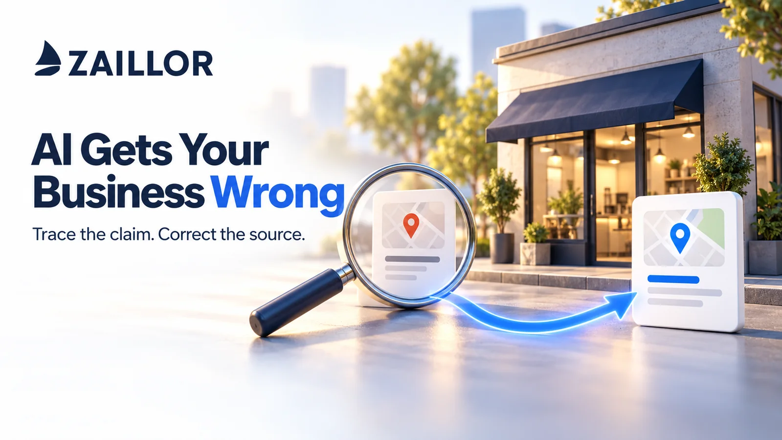 A business address is traced from an inaccurate AI answer back to its published source.